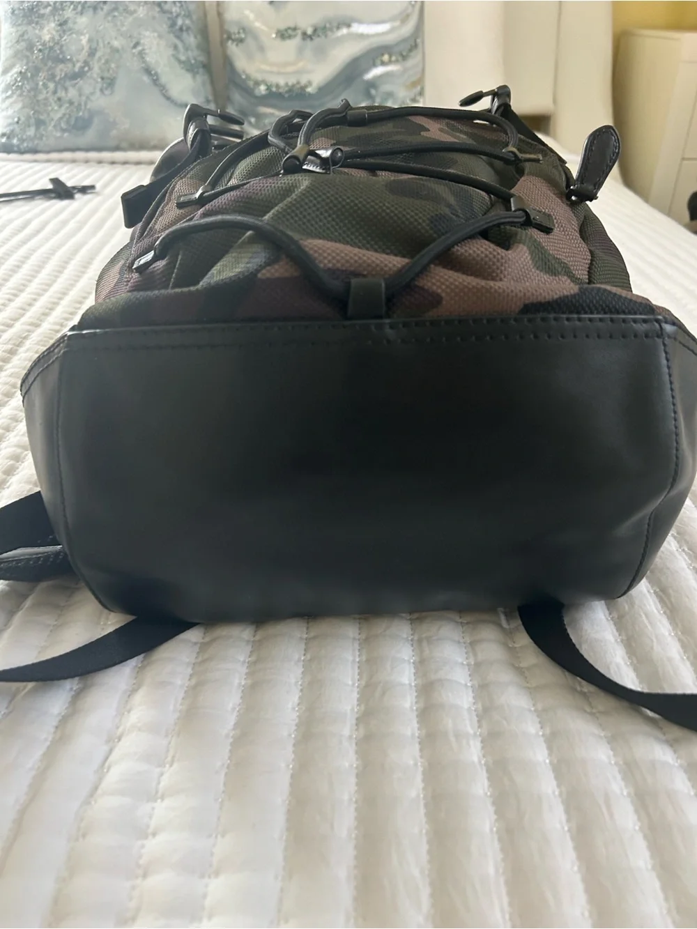Coach Camouflage Drawstring Backpack w/ leather accents Black, Brown, Green